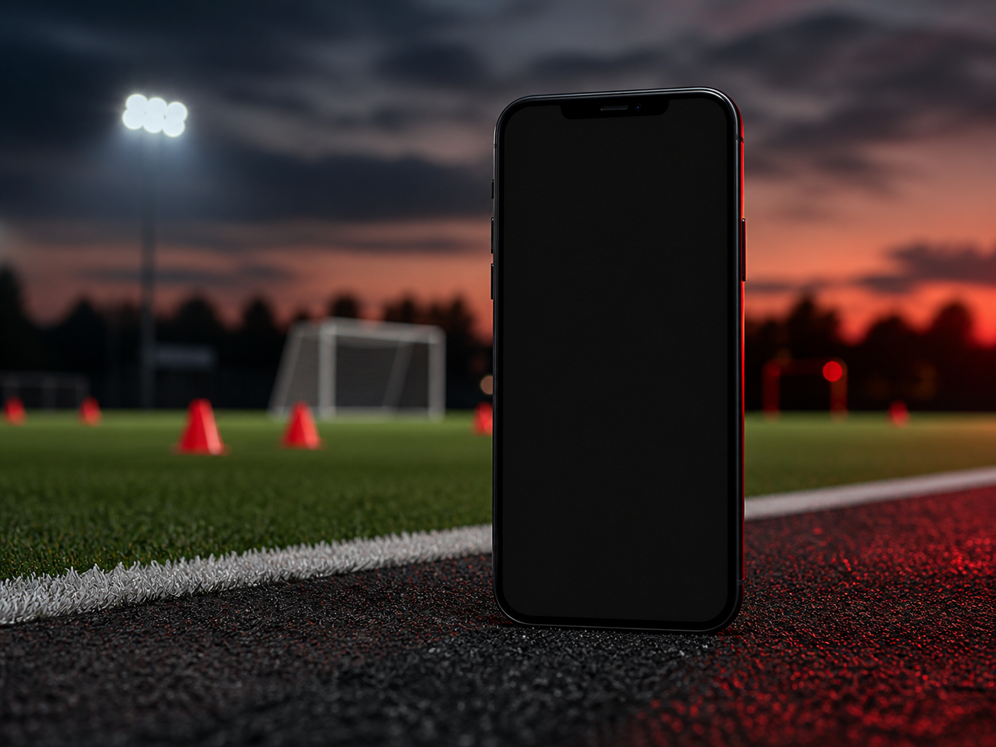 Celular em um campo de futebol exibindo o formulário pré-treino do LoadPro